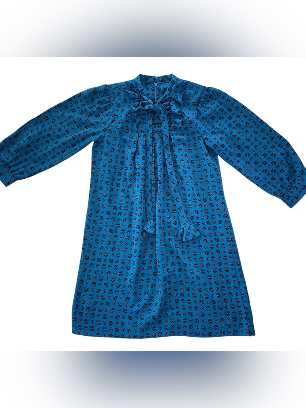 Anna Sui For Target shift Shirt Dress womans STARBURST blue ruffle neck tie XS